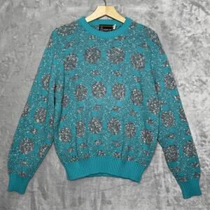 Vintage London Fog Sweater Mens Medium Blue Gray Geometric Knit Pullover USA 80s